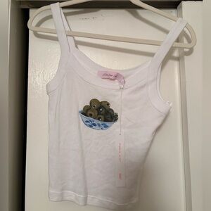 Lisa Says Gah White Top with Olive Design